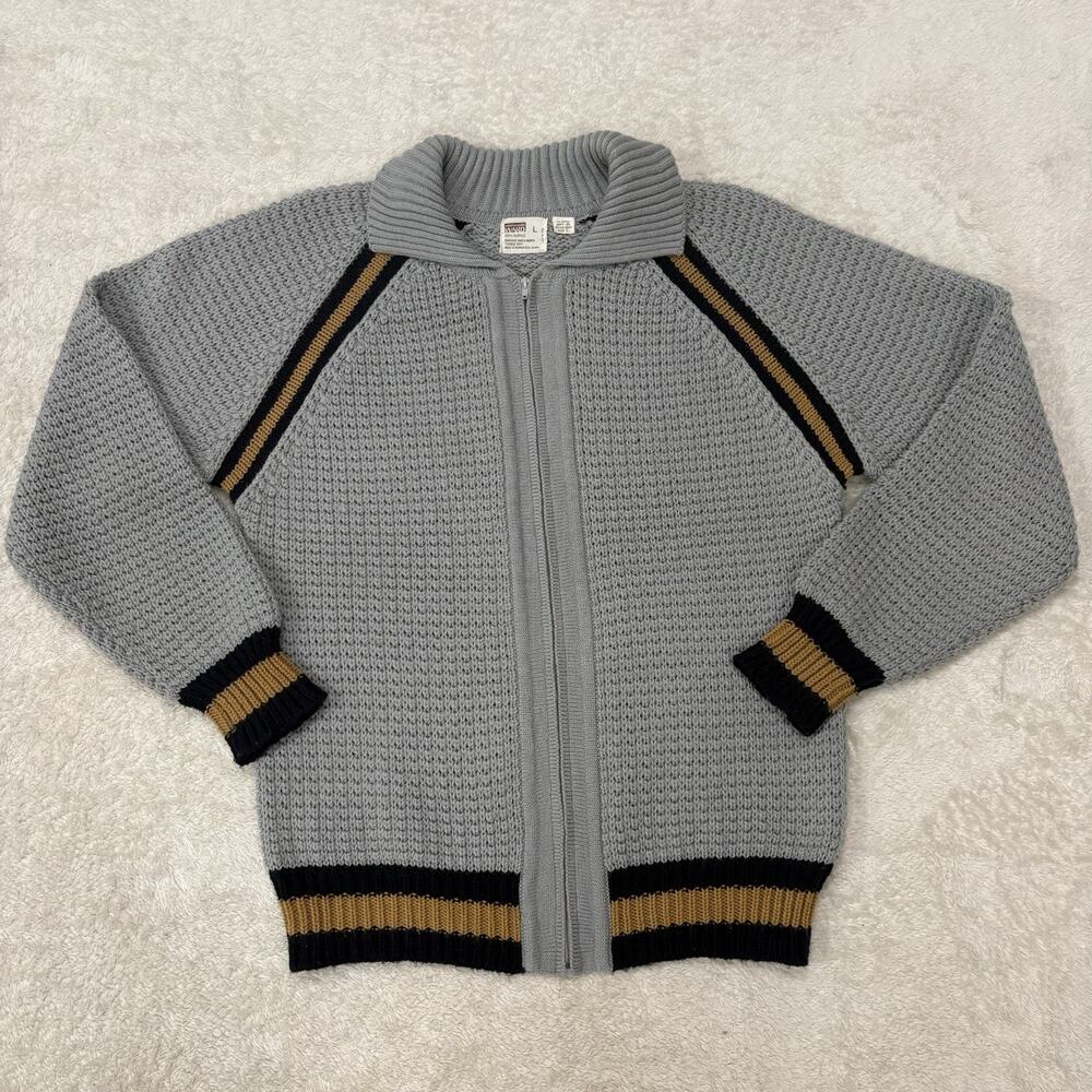 Vintage Montgomery Ward L Gray Full Zip Varsity Knit Sweater Grandpa 70s Retro